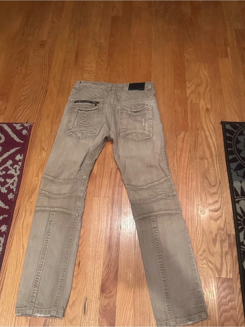 Y2K elite premium denim moto biker jeans beige distressed zip pocket streetwear
